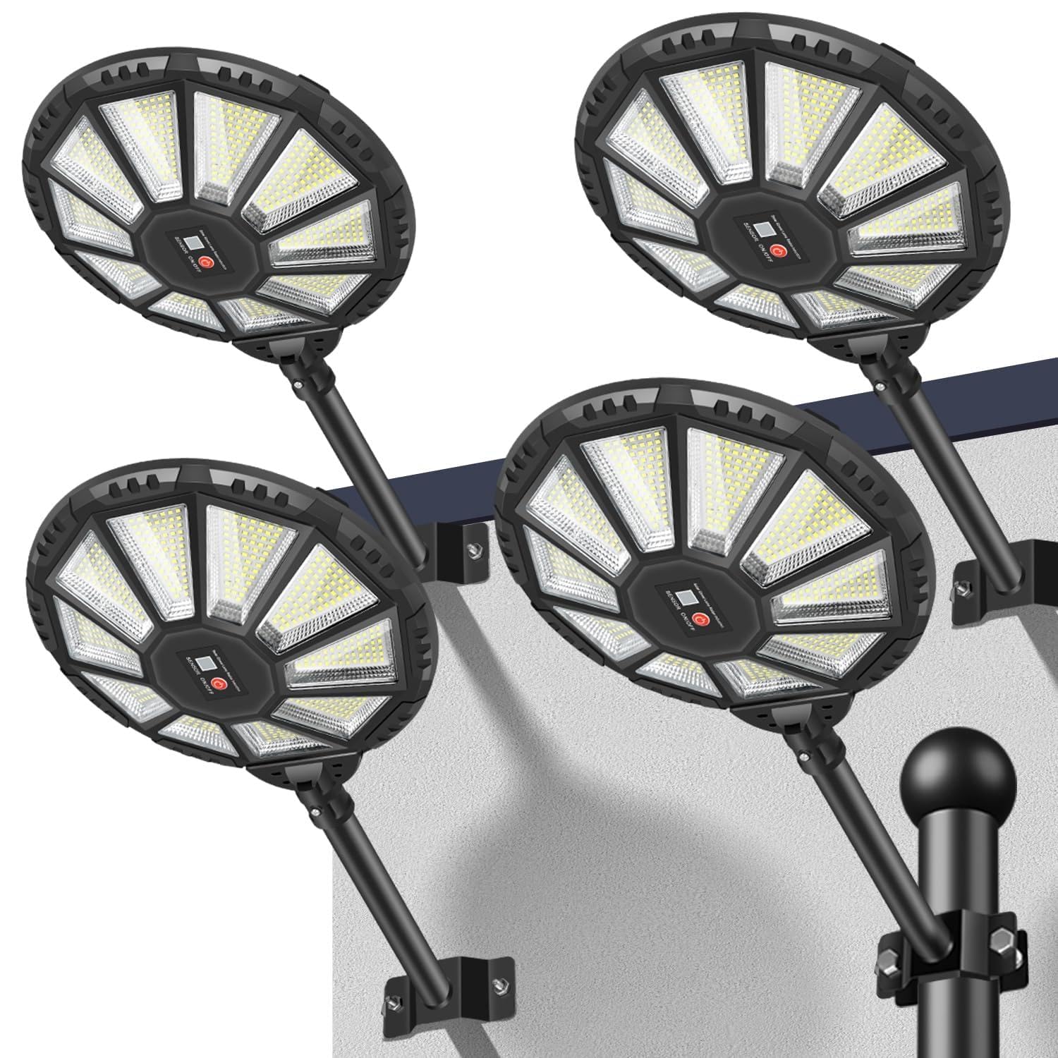 Farolas Solares Exteriores, Potente Farola Solar con Sensor de Movimiento y Mando a Distancia, 6500K Gran Angular de 360° Luces Solares, IP66 Impermeable Foco Solar para Jardín Patio 4 Paquetes