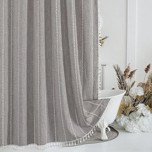 De-Mediocre Cortina de ducha bohemia de lino y algodón, cortina de baño para decoración de casa de campo bohemia resistente, impermeable, lavable,