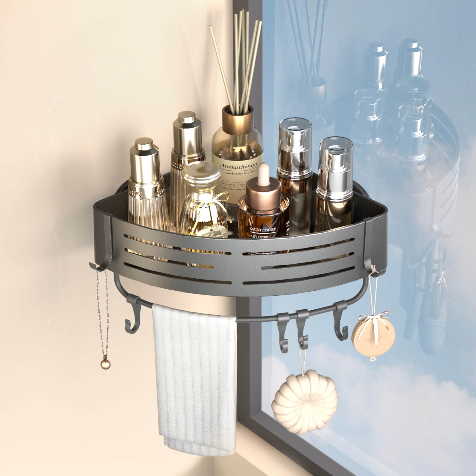 Onemake Corner Shower Caddy with Suction Cups, Aluminum Wall Mounted Organiser Shelf Storage Rack with Towel Bar for Bathroom, Grey