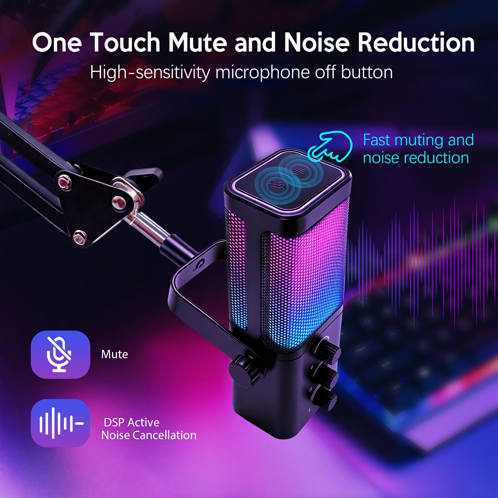VCOM Microfono da gioco USB RGB con braccio a braccio, riduzione del rumore e muto one-touch, jack per cuffie da 3,5 mm, controllo del guadagno, microfono plug & play per PC, streaming, podcast
