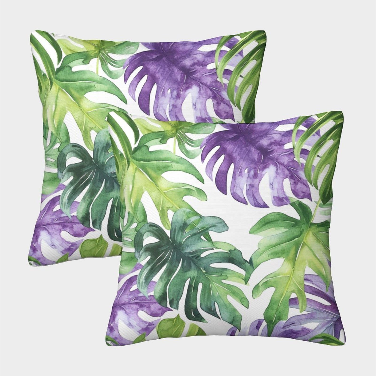 kaiyun 2 Pack Tropical Leaves - Green And Purple Luxury Digital Printed Soft 3D Themed Square Cushion Cover 50x50cm