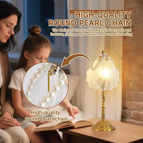 Miniatura 5 de Lámpara de escritorio retro de concha con sombra de cristal blanco perla, con base de metal dorado, luces decorativas estilo playa costera para sala