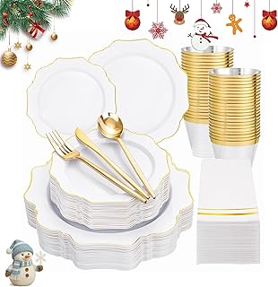 WDF 175Pcs Gold Plates Disposable - White and Gold Plastic Plates 25gues...