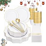 WDF 175Pcs Gold Plates Disposable - White and Gold Plastic Plates 25guest Plastic Dinnerware Ideal for Party/Wedding/Banquets/Thanksgiving/Christmas