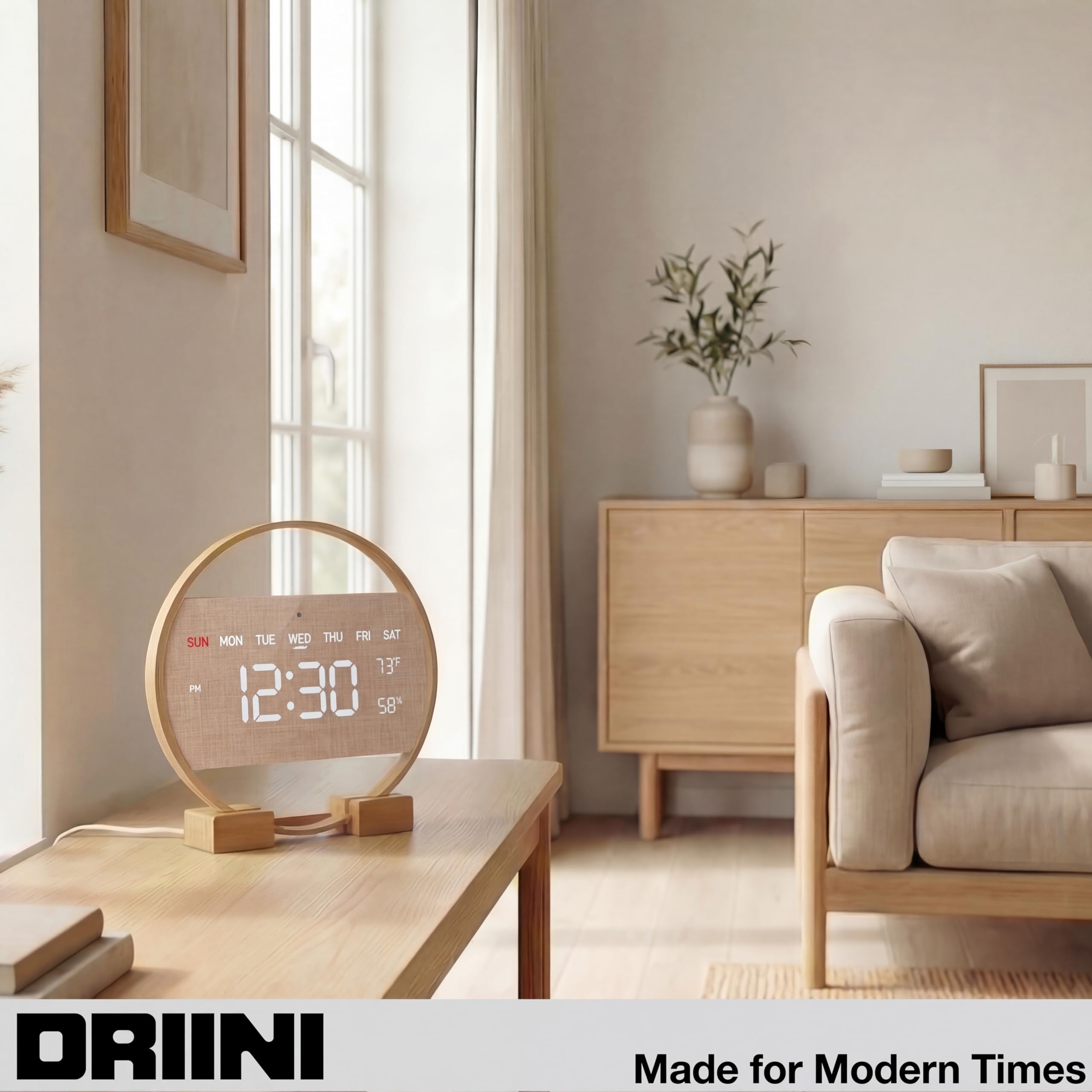 Driini Moderno reloj de pared digital LED, madera de bambú con pantalla de números grandes, día de la semana, hora, temperatura y humedad, decoración estética bohemia para sala de estar o dormitorio,