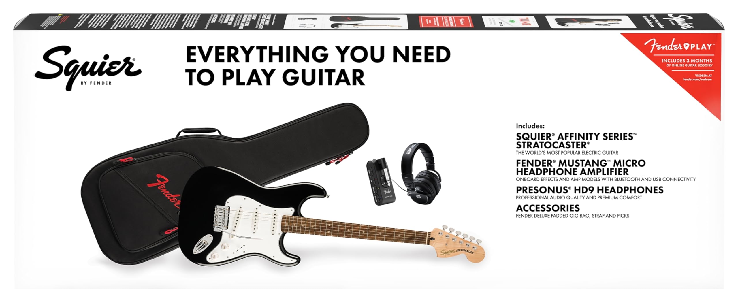 Squier by Fender Affinity Stratocaster Chitarra Elettrica & Mustang Micro Pack, Nero, Tastiera in Acero, Include Gig Bag, Tracolla, Cuffie, Plettri e 3 Mesi di Fender Play Gratis