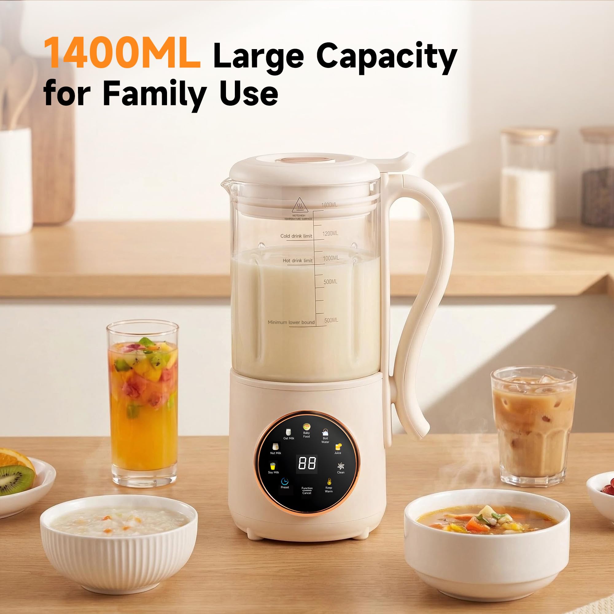 Nussmilchmaschine 1.4L, Automatischer Nussmilchbereiter, Pflanzenmilchbereiter, Hafermilch Maschine LED-Display, Entsafter Sojamilch Maschine für Selbstgemachte Pflanzenmilch, Hafer, Mandelmilch