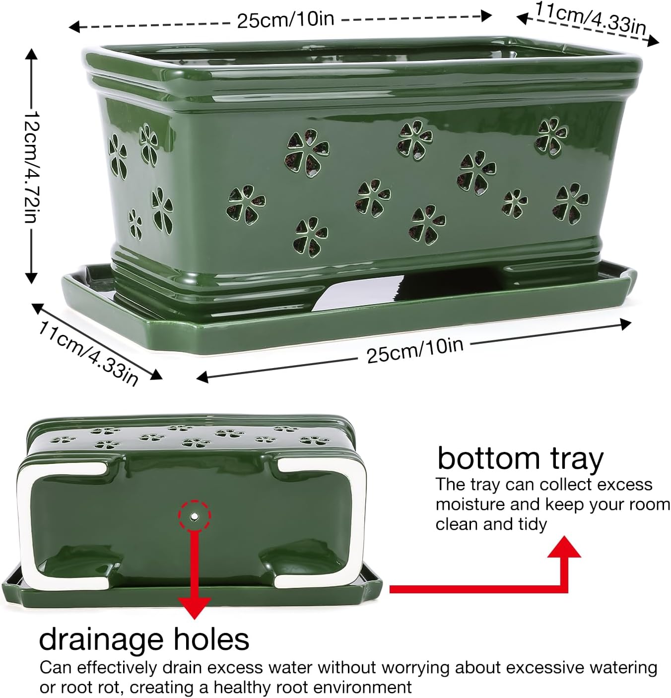 Ceramic Orchid Pot 10 * 4.3 * 4.3Inch Orchid Planter with Holes for Repotting Indoor Flower Plant Pot with Drainage and Saucer, Arctic Green