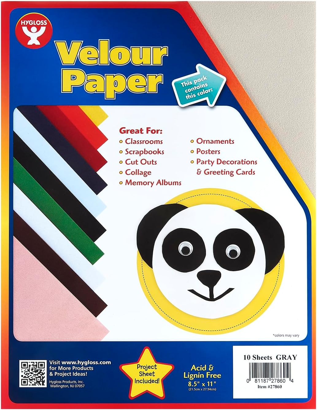 Hygloss Products Velour Paper - Soft, Velvety Surface Works With Printers – Gray, 8-1/2 x 11 Inches - 10 Pack