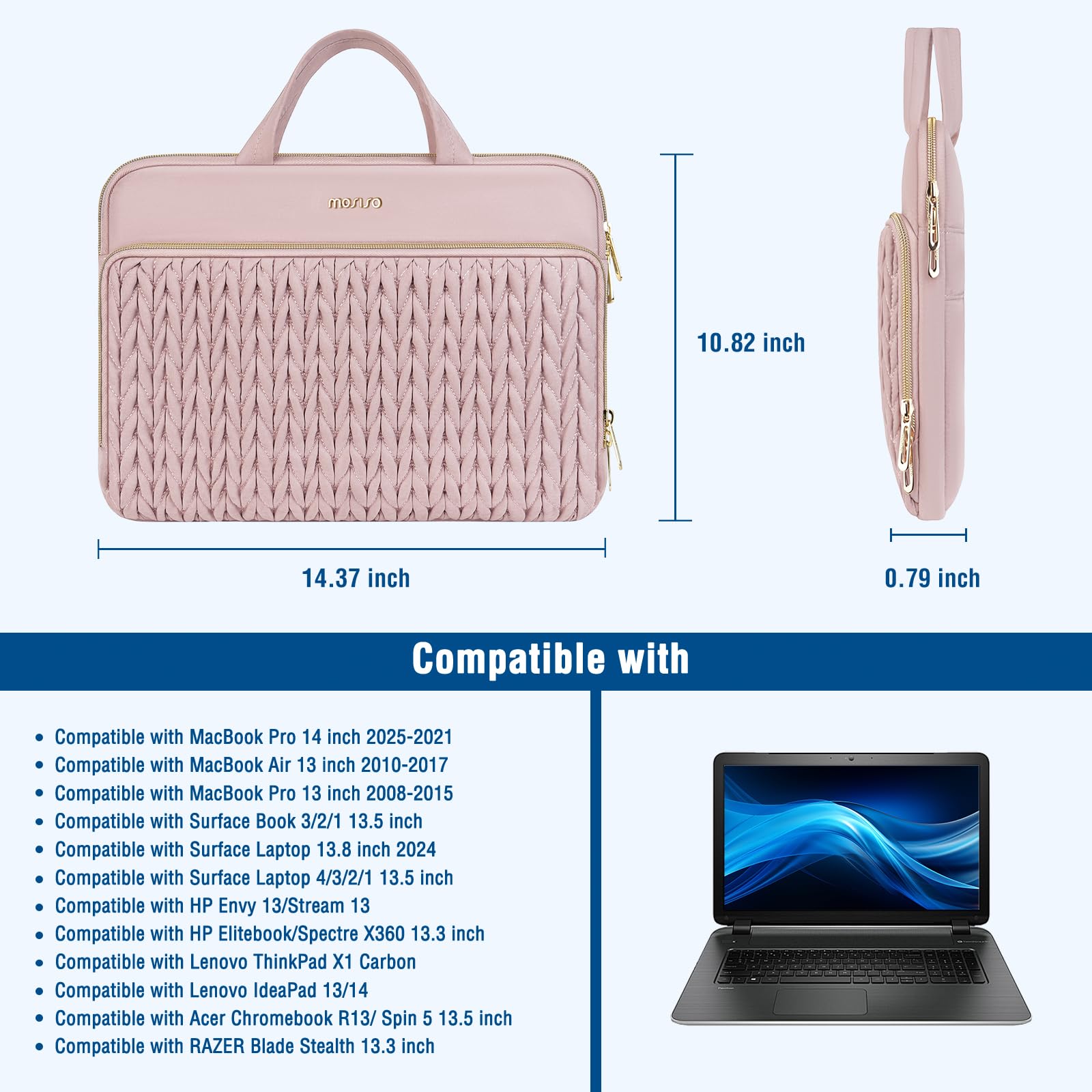 MOSISO Housse Ordinateur 13,3 Pouces Quilté Épis de Blé avec Manche & Poche | 13-13,3 Pouces Laptop Sleeve Compatible avec MacBook Neo/Air/Pro 13/14,HP Dell Lenovo ASUS,Rose