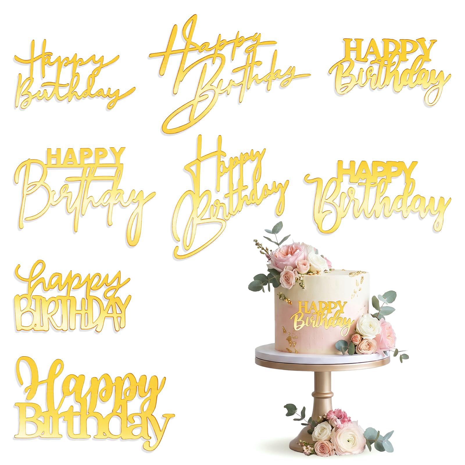 Ouligay 8pcs Gold Happy Birthday Cake Topper Acrylic Happy Birthday Sign