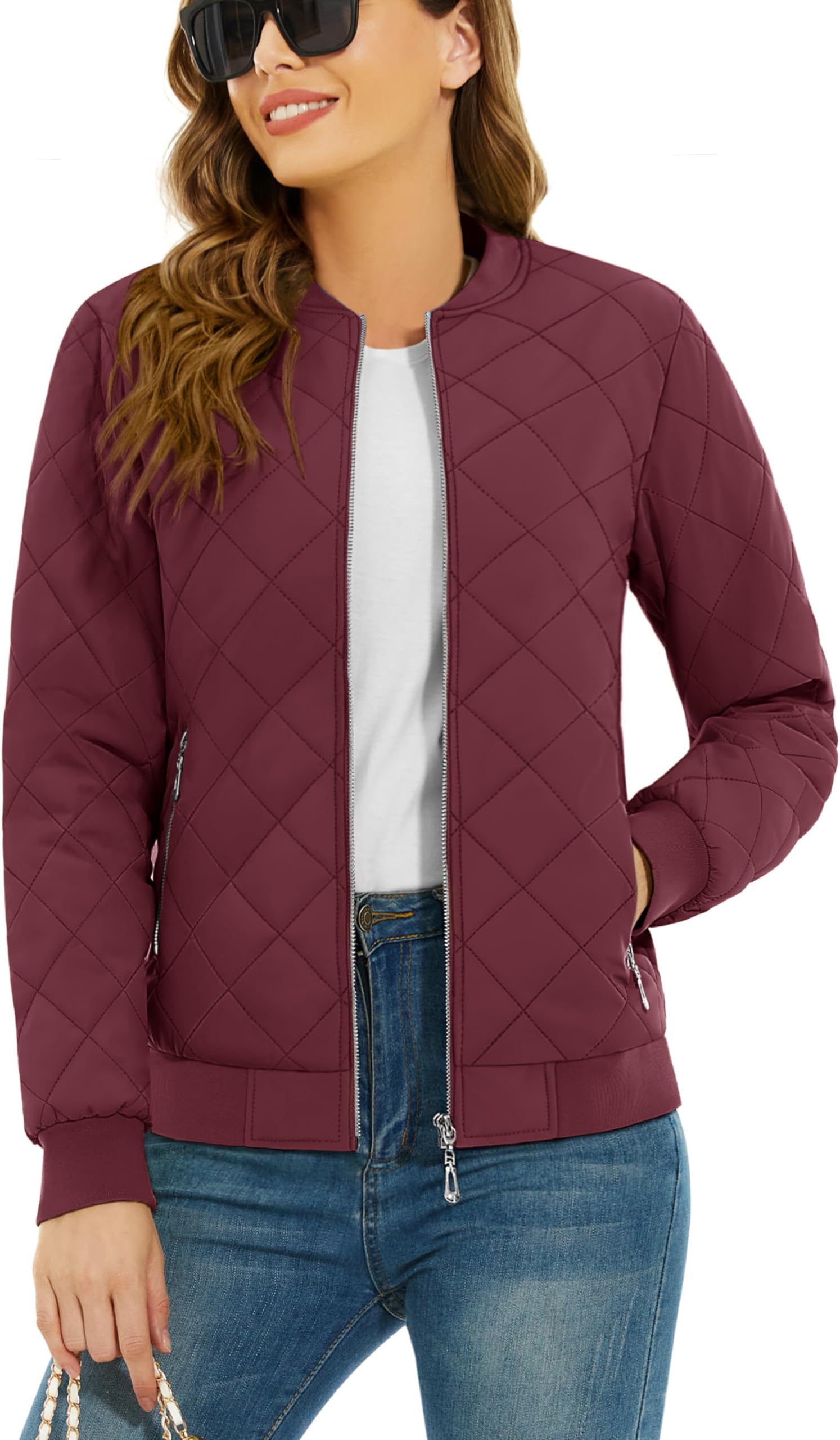TACVASEN Women's Diamond Quilted Jackets Lightweight Casual Bomber Jacket Warm Winter Coats Full Zip with Pockets