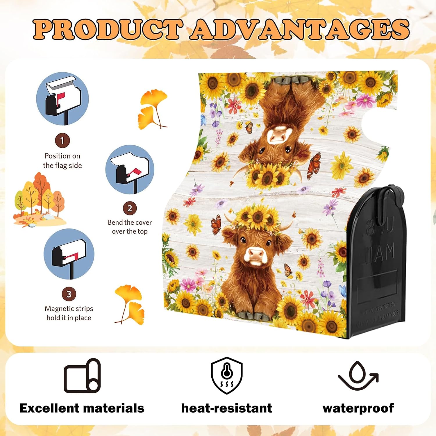 Fall Mailbox Covers Magnetic Highland Cow Sunflower Mail Box Cover image 5