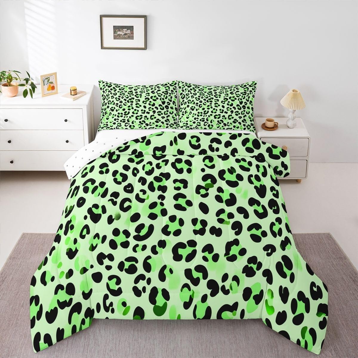 Couette sans housse lavable 240x260 imprimé léopard chaud édredon microfibre douce vert lit
