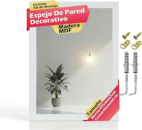 CHELY INTERMARKET MOD128 Espejo Pared Vertical Decorativo Grande Estilo Moderno Marco Madera Cuerpo Entero Elegante 40x60 cm Blanco Liso Ideal Recibidor Dormitorio Baño Incluye Kit Montaje