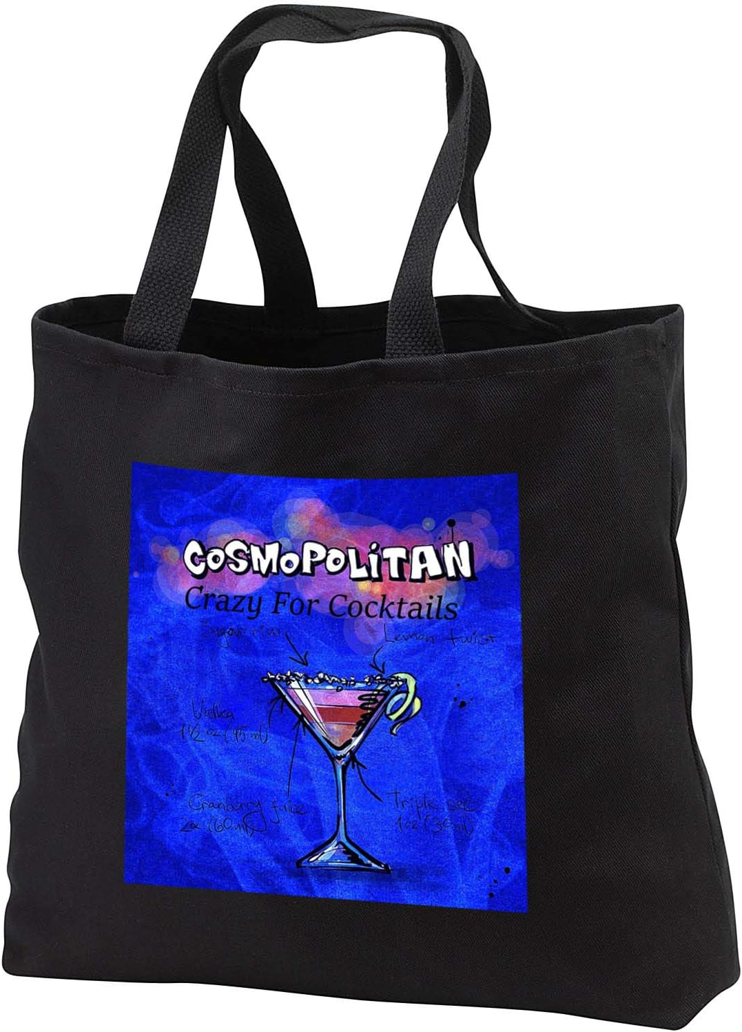 3dRose Image of Cosmopolitan Recipe With Words Crazy For Cocktails Black Tote Bag 14w x 14h x 3d
