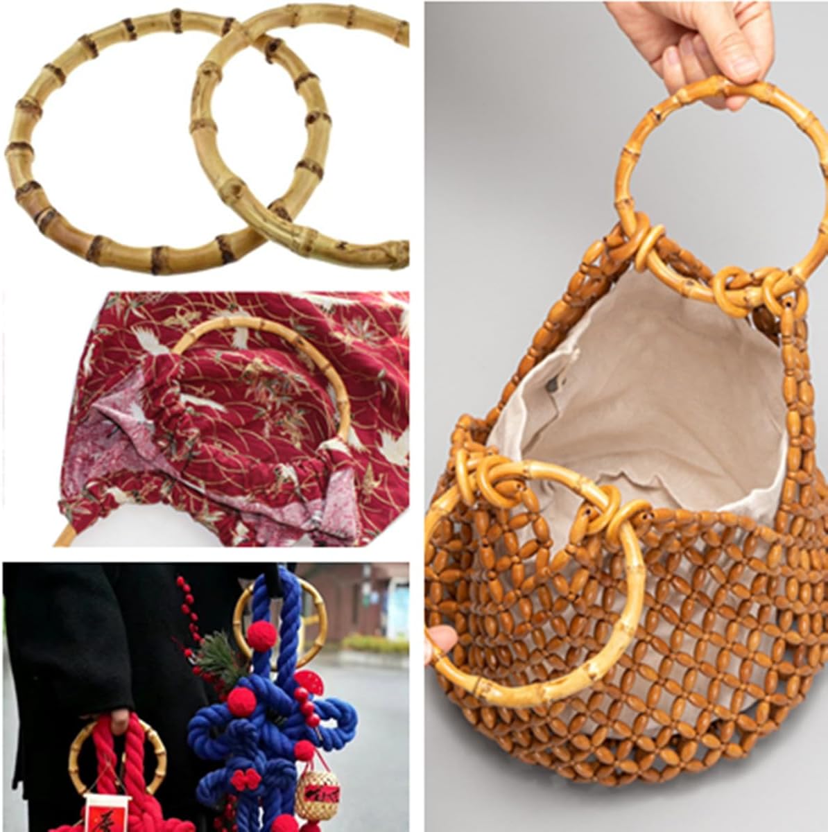 Bamboo Purse Handle, 2PCS Round Wooden Rings Holders, 5.5 inch Bamboo Purse Handles Bag Handle Replacements for Beach Straw Bag Purse Handles DIY Crafting Making Decorations - Image 7