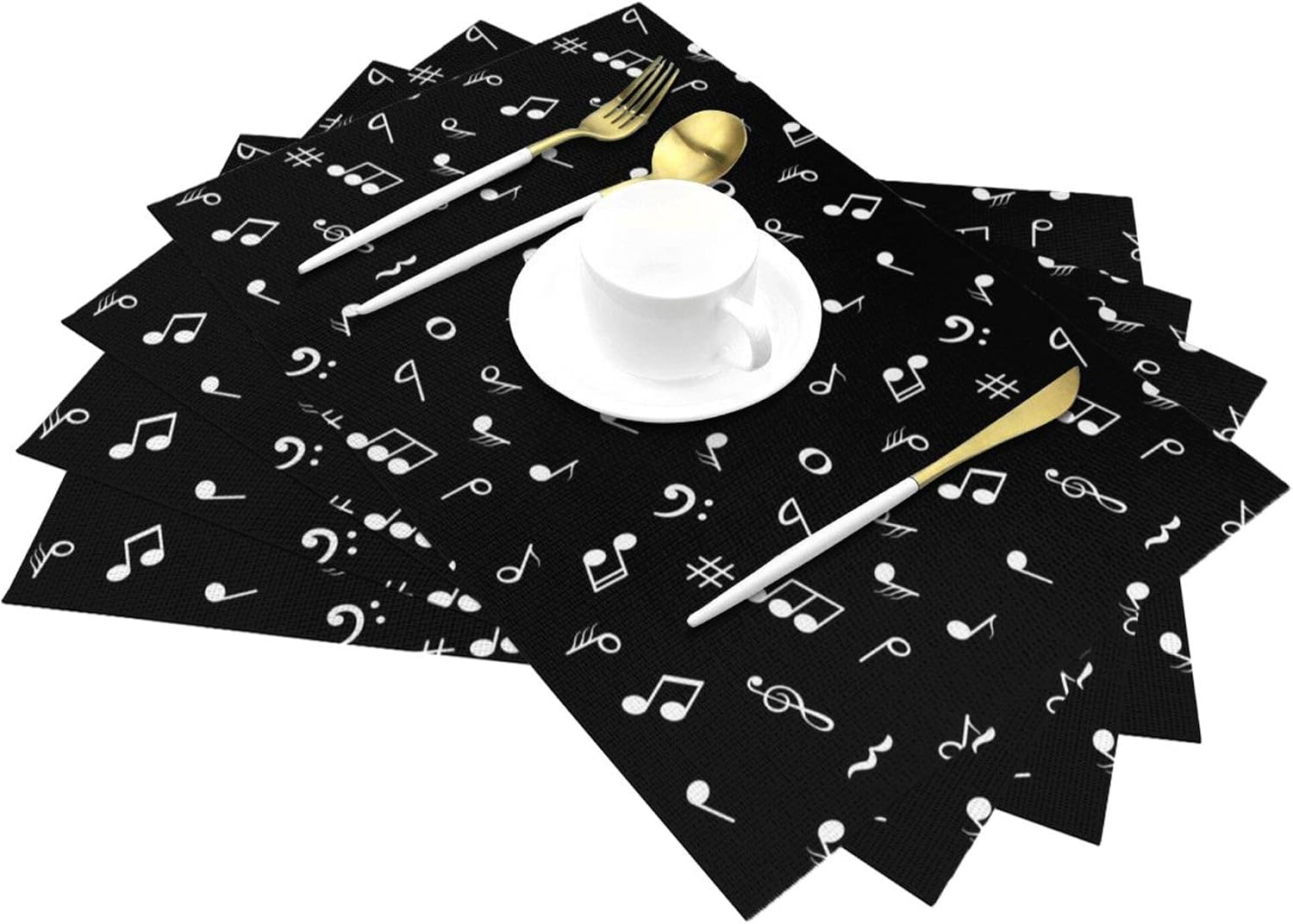 Music Notes Placemats Set of 4 Musicial Lover Dining Table Mats Washable Black Place Mats for Kitchen Dinner Parties Wedding Decorative Coffee Mat 12"x18" image 3