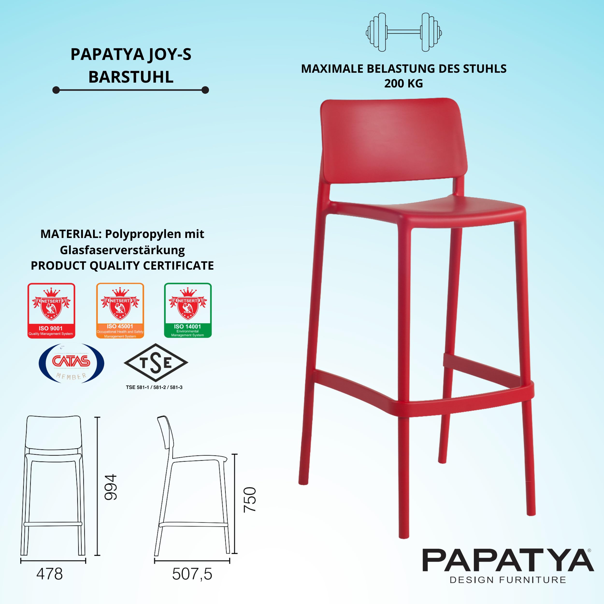 PAPATYA 4er-Set Barstuhl Joy-S I Designbarstuhl mit Einer Belastbarkeit von 200 kg (Rot)