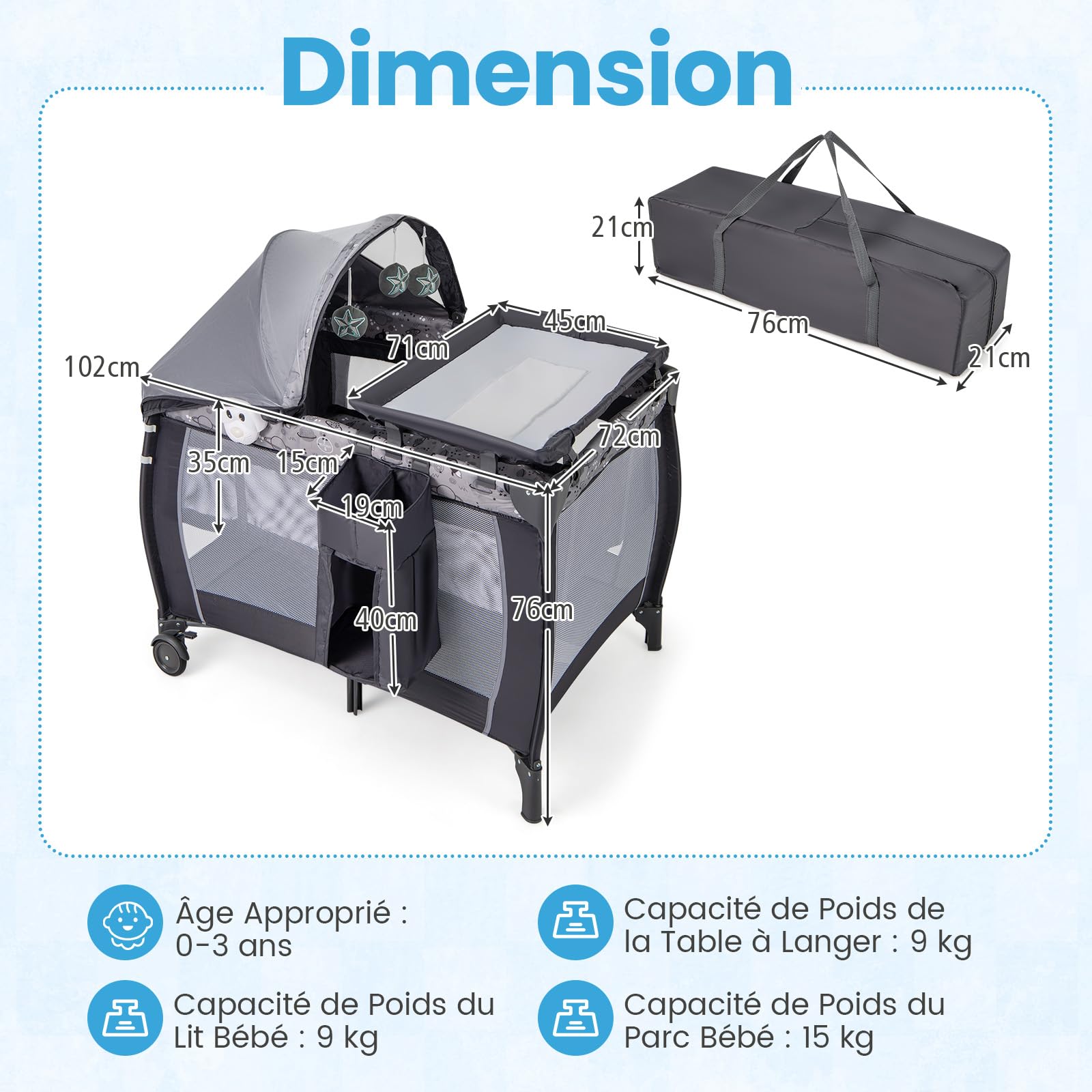 GOPLUS Lit Parapluie Bebe avec Matelas, 4 en 1 Berceau Bébé Evolutif avec Table a Langer, Roues Verrouillables, Jouets Suspendus, Boîte à Musique, Lit de Voyage Portable pour 0-3 Ans