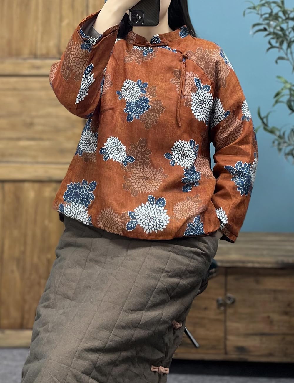 NFYM Womens Short Jacket Quilted Pullover Printed Long Sleeve High Low Lightweight Warm Tops Chinese Coat