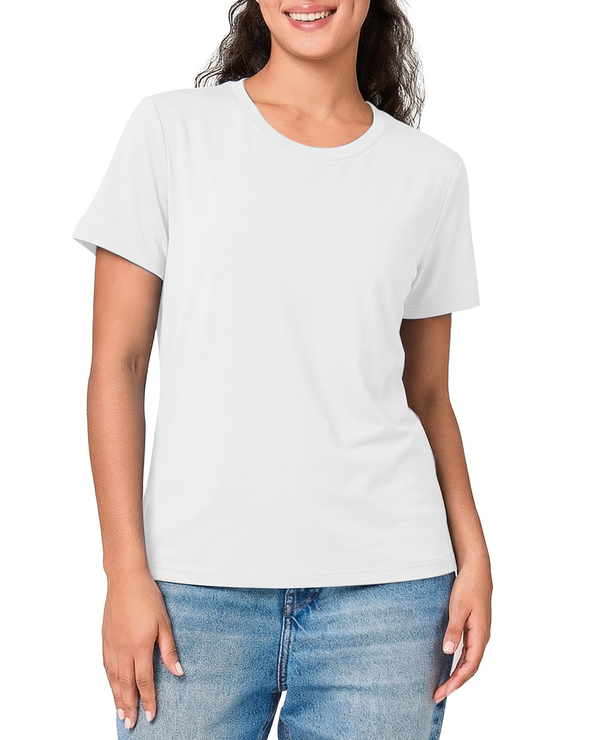 Photo 1 of BAMBOO COOL Womens Summer Tops Short Sleeve T Shirts Basic Tees Regular Fit Round Neck Casual 2026 Spring Outfits Clothes White