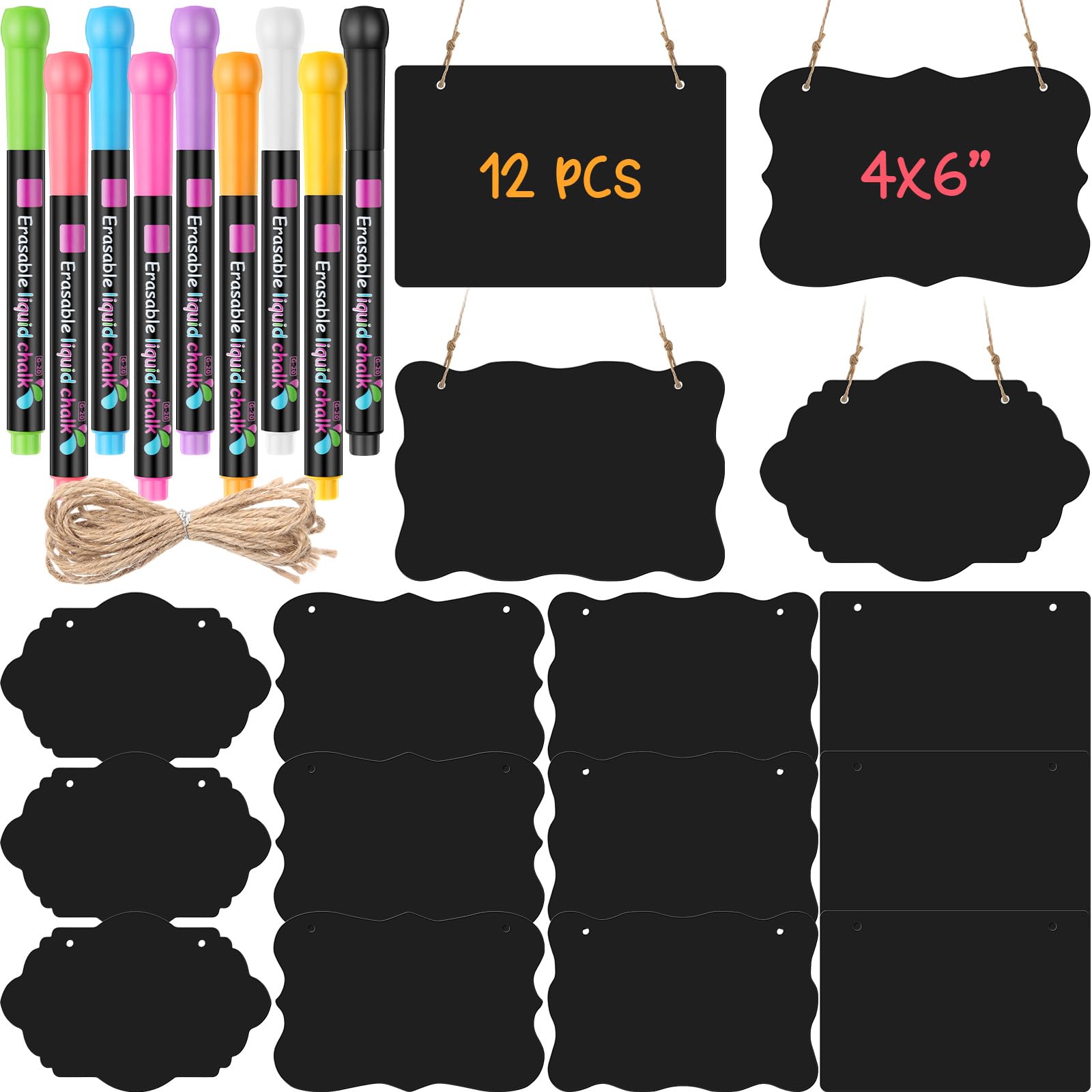 MotiMind 12 Pcs 4 x 6 Inch Acrylic Mini Chalkboard Hanging Sign with String 9 Pcs Liquid Chalk Markers for Party Buffet Wedding Birthday Kitchen Home