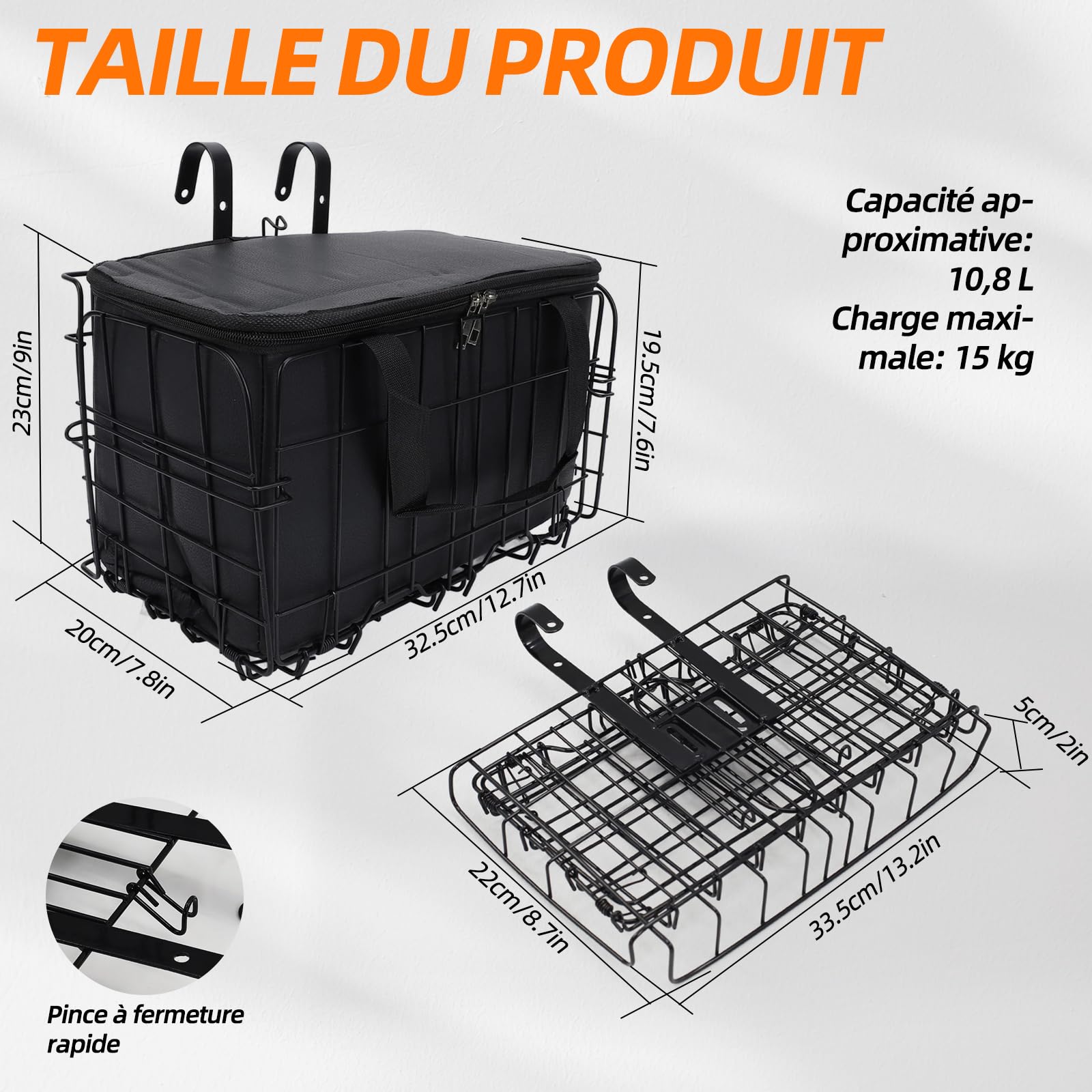 Panier de vélo unisexe pour vélo avant, amovible, grande capacité, convient pour les vélos électriques, les VTT, les vélos de ville et les vélos de loisirs. (panier avant pliable)