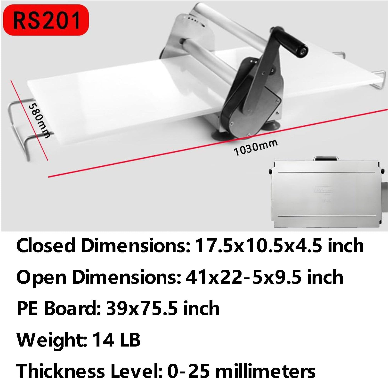 Sfogliatrice Pasticceria Manuale in Acciaio Inox con Tavola Grande 39" X15,5,Spessore Regolabile 0,5 a 27 Mm, Laminatrice per Pasta per Panetteria, Pizza E Croissant,Rs201