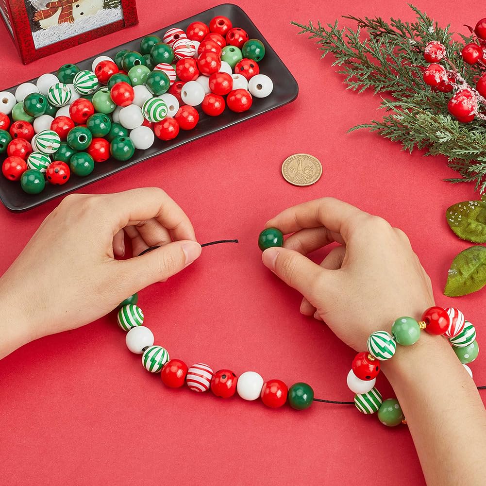 240 pz 9 stili Perline di Legno di Natale Rosso Verde Perline di Legno Assortite Verniciate Bianco Naturale Vacanze Invernali Rotonde Distanziatori Sfusi Caramelle per Braccialetti Gioielli F