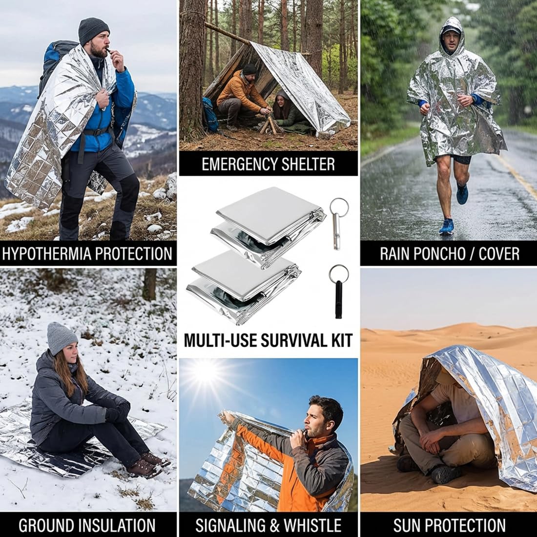 Manta de Emergencia y Térmica con Silbato de Supervivencia, Impermeable y Resistente al Viento, Senderismo, Maratones, también como Manta Isotérmica (210x160cm)