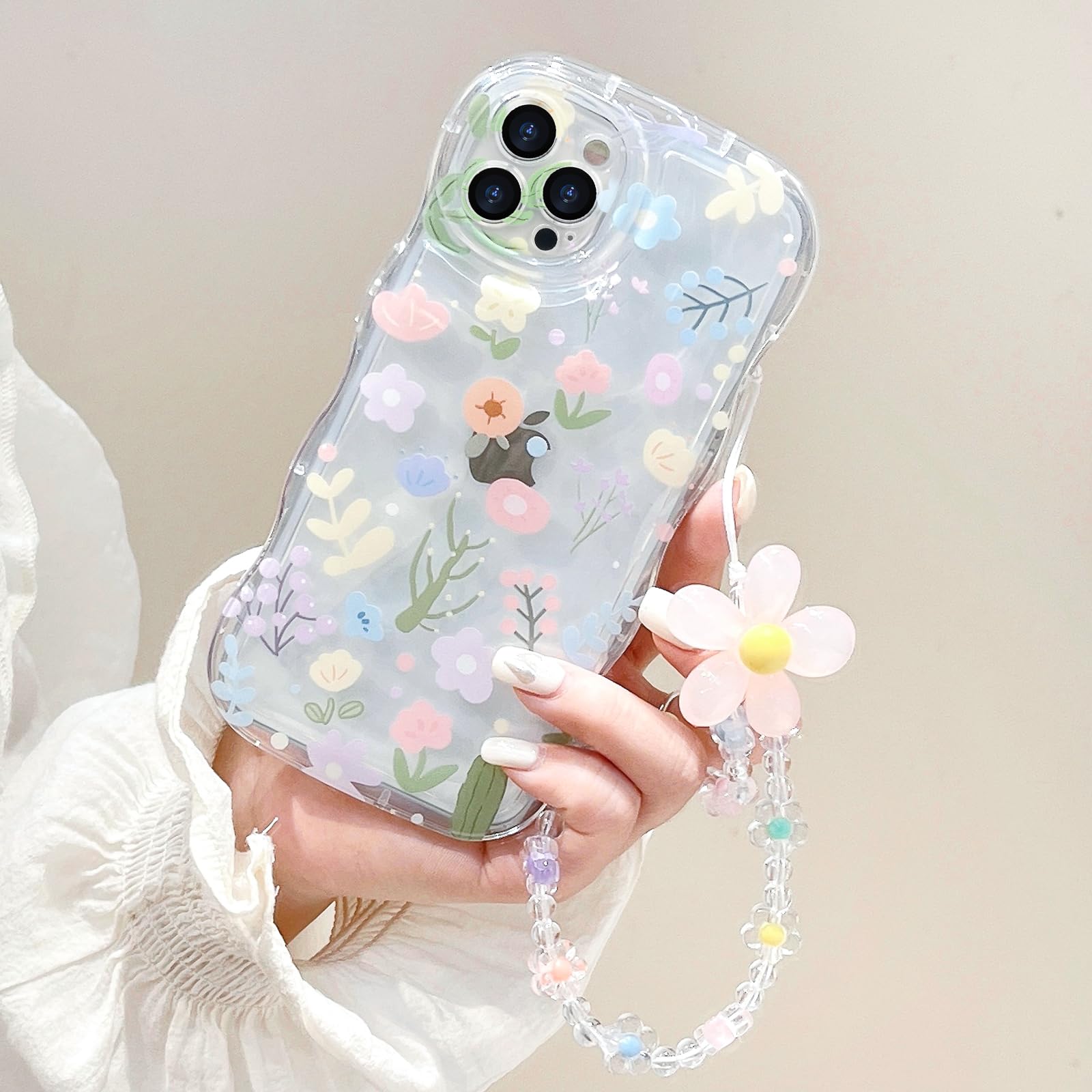 VALRION Compatible with iPhone 16 Pro Max Clear Case Curly Wave Frame Floral Lace Shape TPU Slim Camera Protection Phone Cover with Flower Beaded