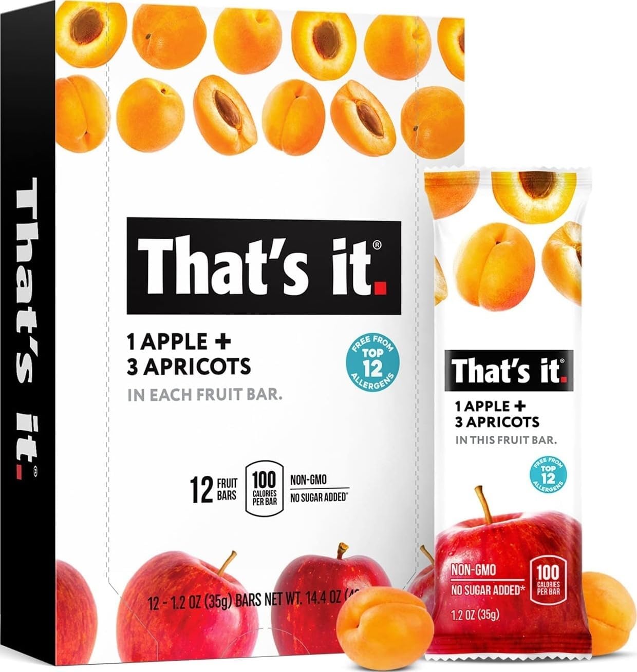 That's it. Apple + Apricot 100% Natural Real Fruit Bar, 12 Pack | Best High Fiber, Vegan, Gluten Free Healthy Snack, Paleo for Children & Adults