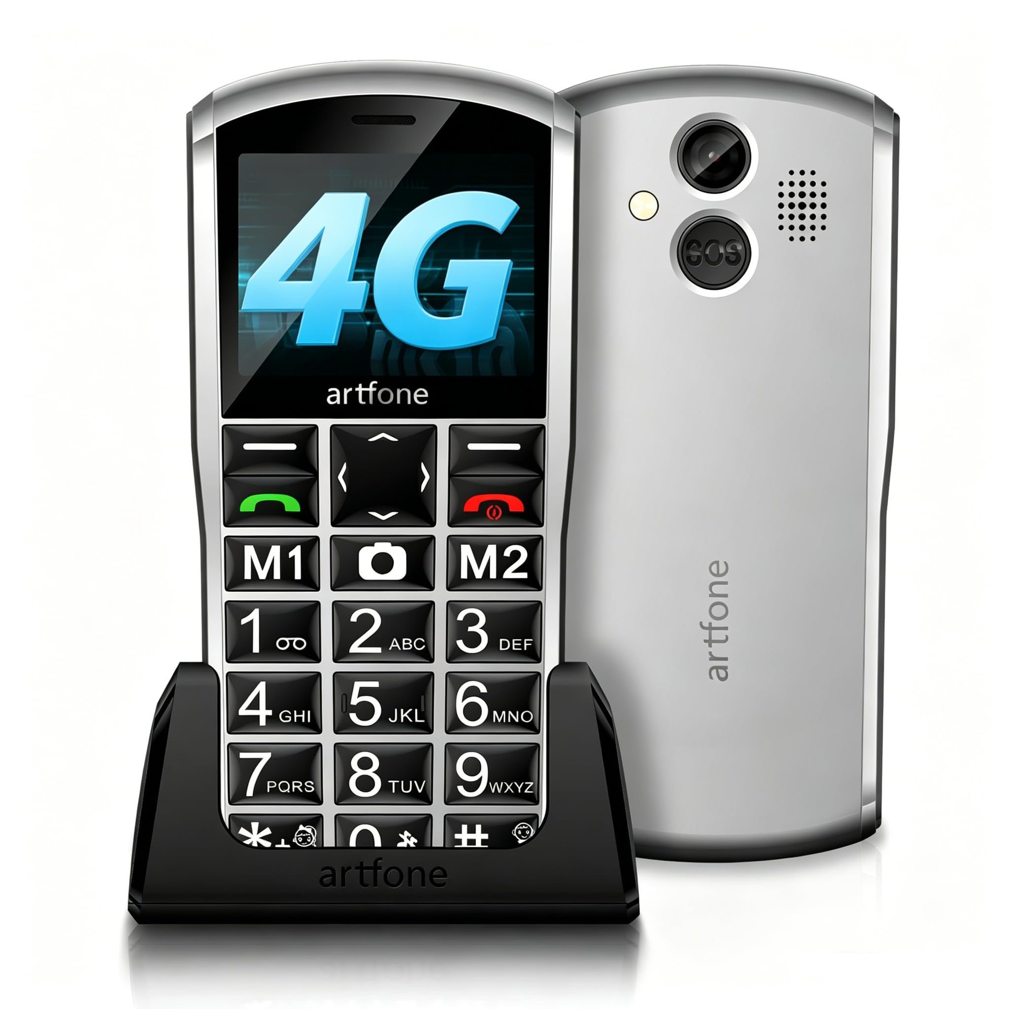 artfone A400 Argento - 4G Telefono Cellulare per Anziani con Tasti Grandi丨Funzione SOS丨Chiamata Rapida丨Volume Alto丨Base di Ricarica丨Funzione di orario丨Doppia SIM丨Fotocamera丨Batteria da 1800 mAh