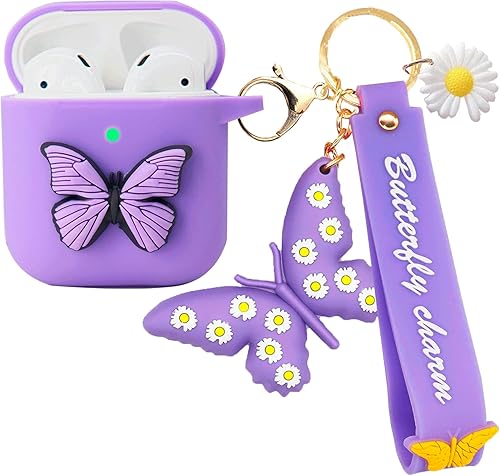 Funda compatible con Airpods de 2ª y 1ª generación, funda de silicona con llavero de mariposa, fundas Kawaii para Apple Airpod Gen 2 1 para mujeres