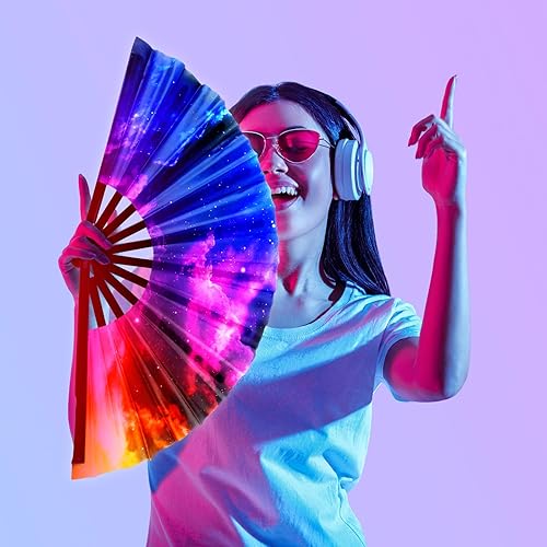 Miniatura 6 de 4 ventiladores de mano plegables con brillo UV Clack para hombres y mujeres, ventilador de mano grande para rave, chino, japonés, para EDM, festival