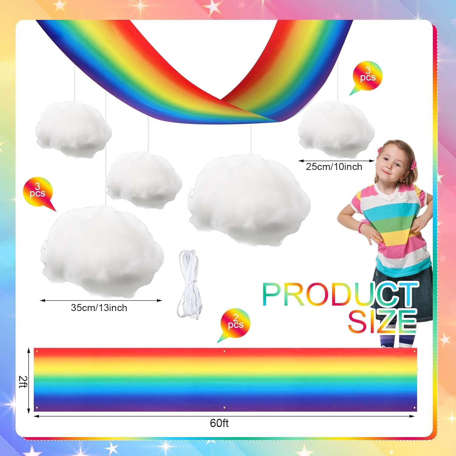 9 Pcs Rainbow Party Ceiling Decorations Kit Include 12 x 2 ft Rainbow Fluorescent Light Covers 6 Packs 3D Cloud Props Hanging Decor for Classroom Birthday Nursery Daycare Decor