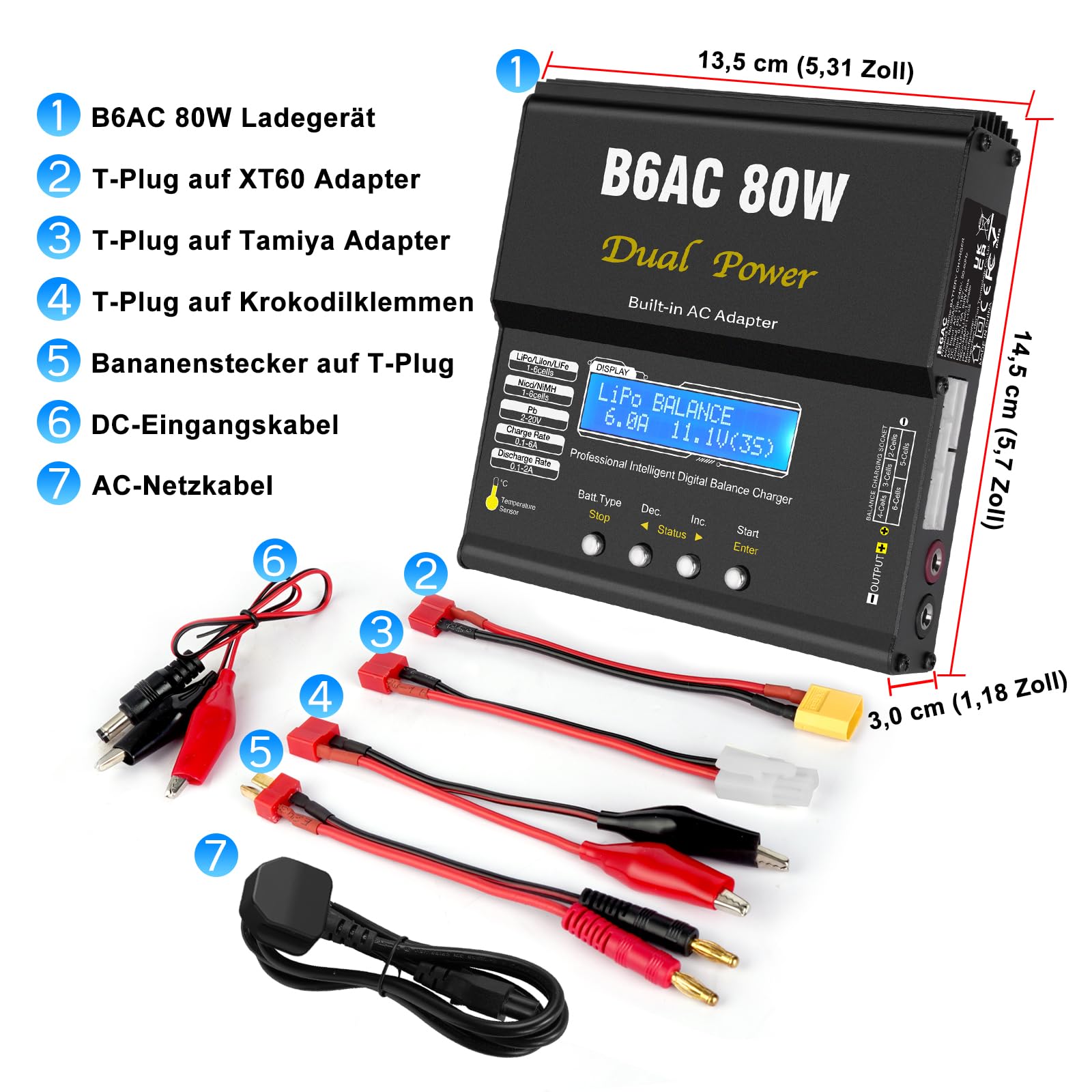 HTRC B6AC 6A LiPo Ladegerät Balancer 80W RC Akku Ladegerät für LiPo/Li-Ion/LiFe (1-6S), NiMH/NiCd (1-15S), PB (2-20V), LED-Display, 5 Speicherprofile, Metallgehäuse, XT60/T-Stecker/Tamiya/Krokoklemmen