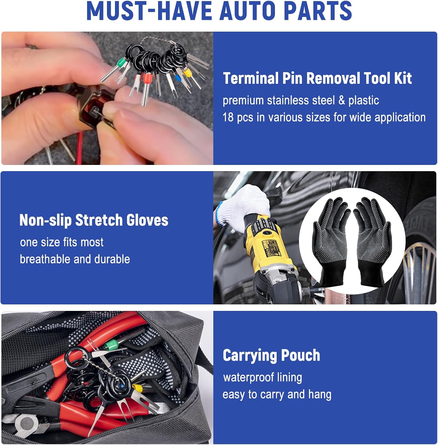 7 Pcs Electrical Disconnect Pliers for Cars 37960 37980, Connector Separator 13120 & Hose Clamp Pliers with Terminal Removal Tools, Work Gloves & Tool Bag - for Automotive Electrical Connector