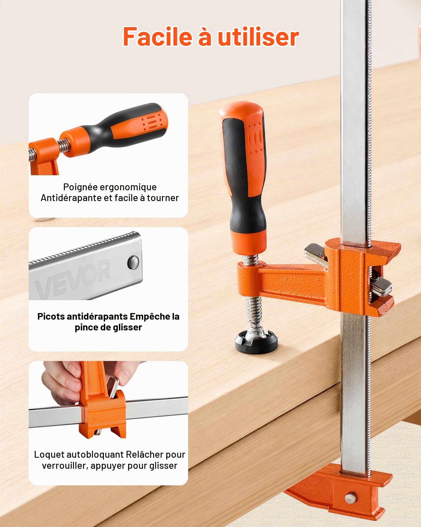 VEVOR Serre-joints à Barre 8 PCS Pince en F Ouverture 91,4 cm Force 272 kg, Système Autobloquant, Patins Plastiques, Poignée Ergonomique, Fonte de Qualité et Acier au Carbone, Travaux du Bois et Métal
