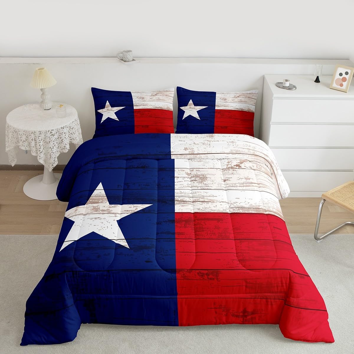 Erosebridal Western Texas Star Bedding Set Retro Vintage American Flag Quilt Cowboys Gifts for Women,Patchwork White Red and Blue Queen Comforter Set,Grunge Stars and Stripes Farmhouse Decor