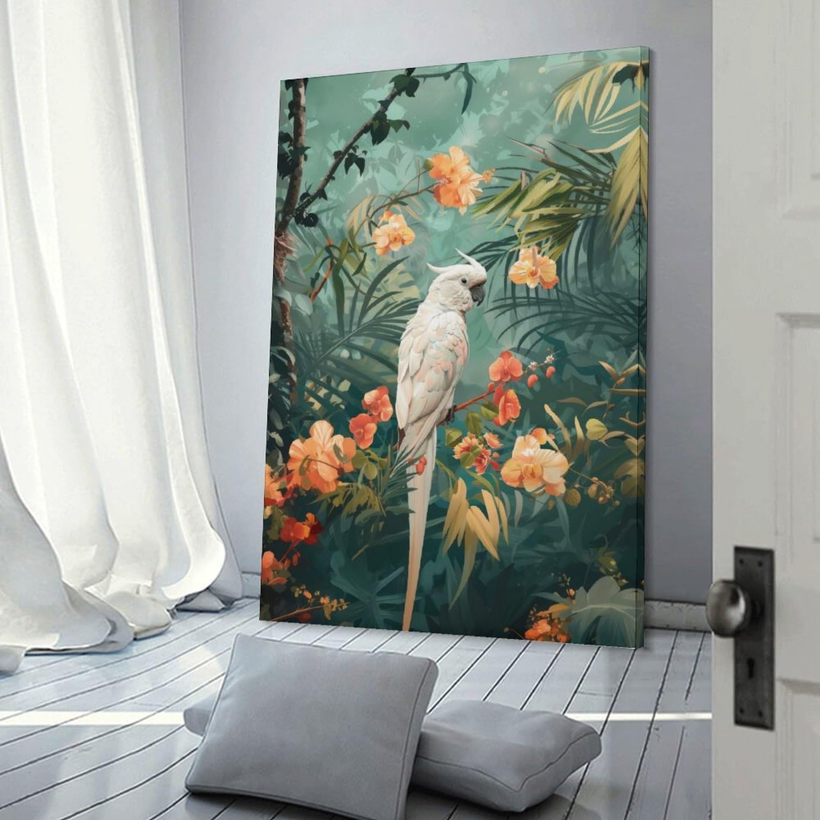 Junmoney Frame-Style-9 Canvas Wall Picture White Cockatoo In Tropical Paradise, 24X36inch(60X90cm), For Bedroom, Lounge Or Dressing Area, Stylish Decor For A Restful Room Update