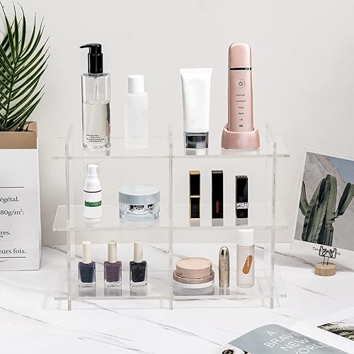 Miniatura 4 de Sumerflos Estante de exhibición de acrílico de 3 niveles, soporte de exhibición transparente moderno, estantes de almacenamiento resistentes para