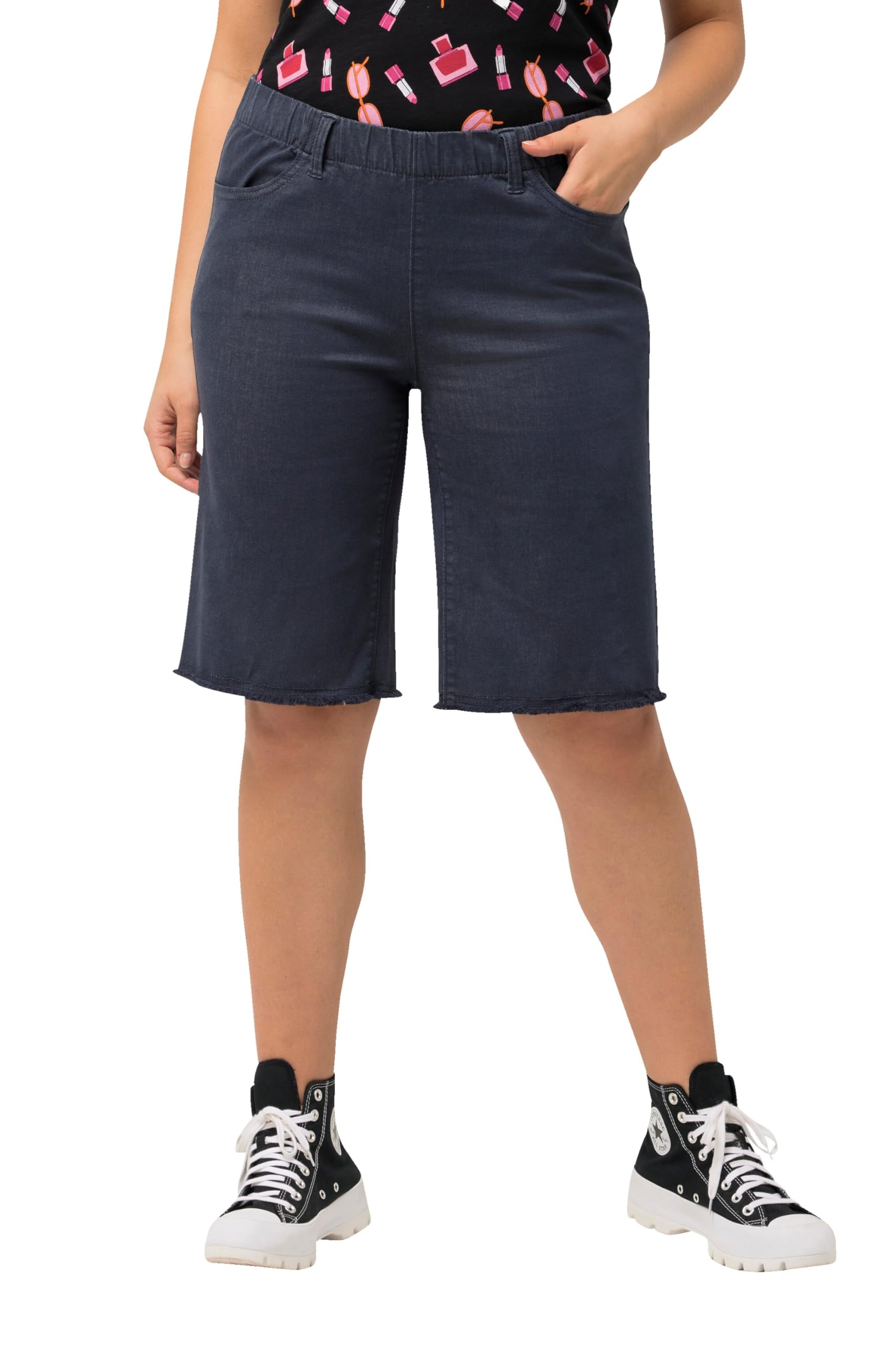 Ulla Popken Damen große Größen Übergrößen Plus Size Bermuda, Fransensaum, Elastikbund 818523