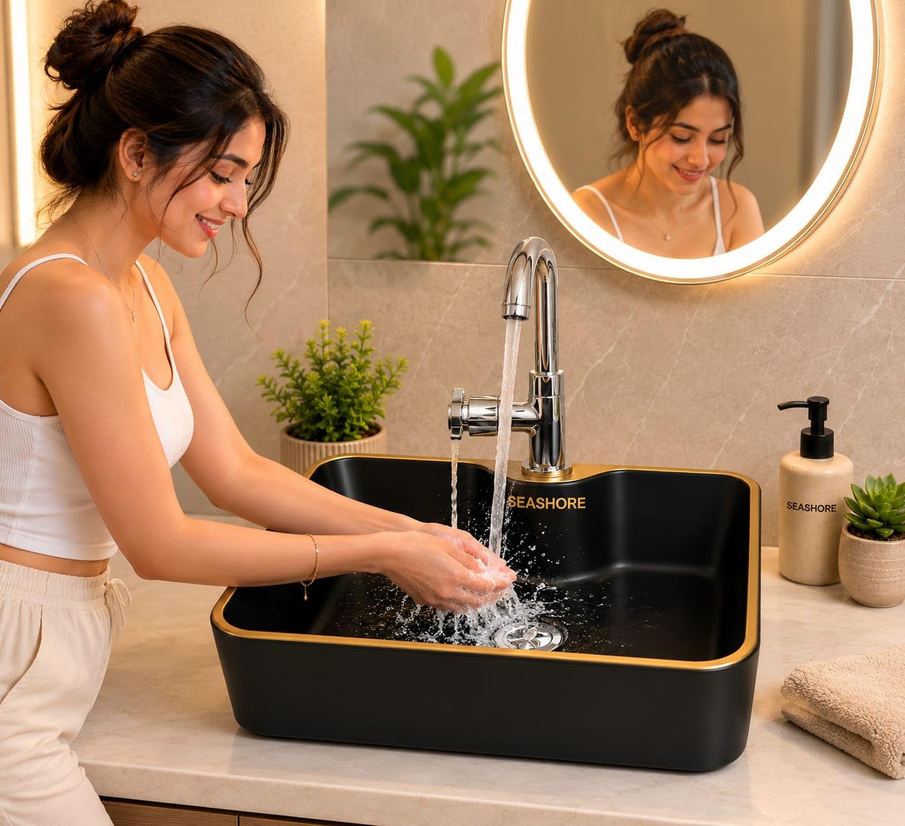 SEA SHORE Imported Ceramic Table Top Wash Basin β Over Counter Slim Rim Vessel Sink for Bathroom & Living Room (20 x 15 x 5.5 Inch, Black & Gold Border) 3