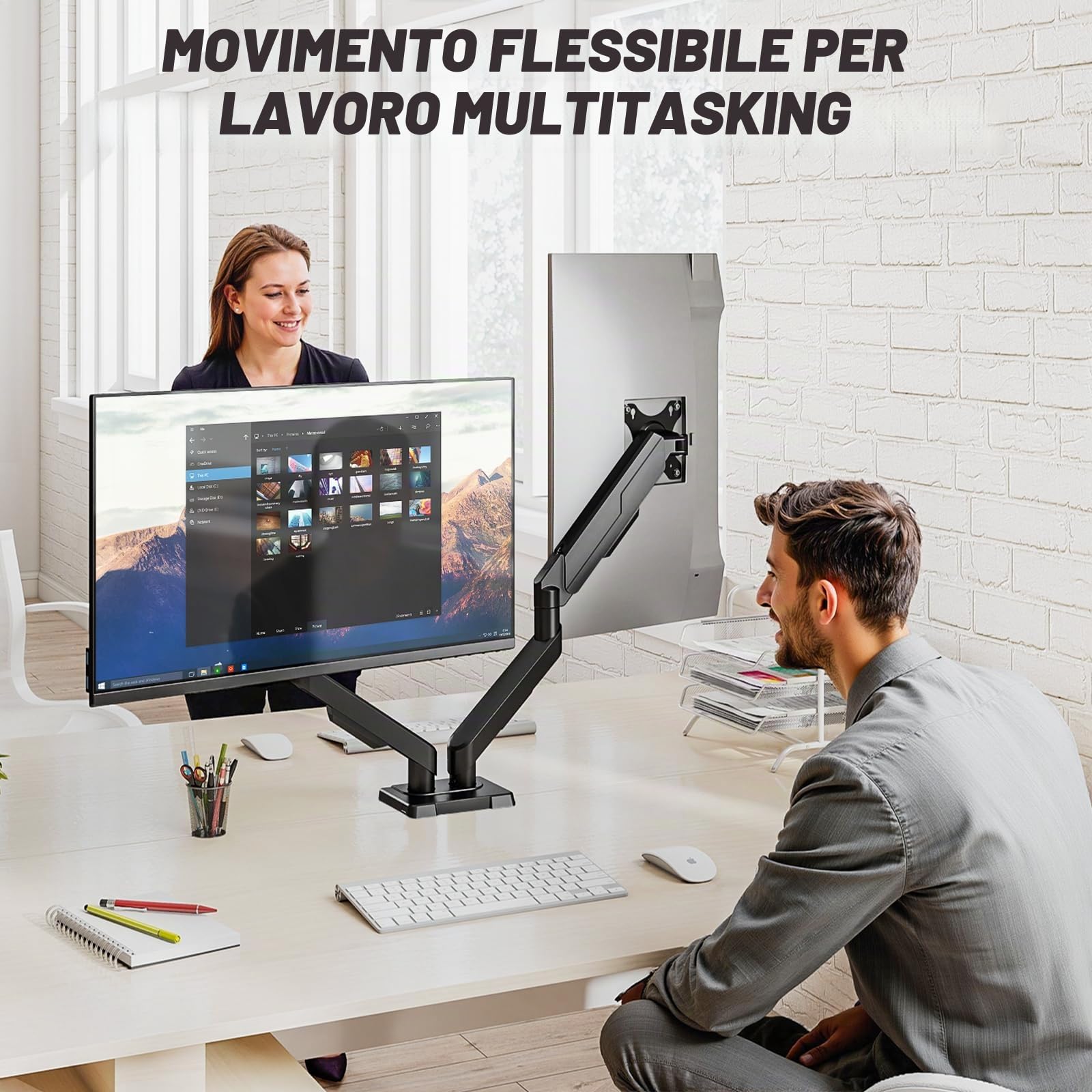 TVON Braccio Doppio Monitor Supporto Schermi 17-35" Montaggio su Banco Reg Altezza 2-10 Kg Schermo Inclinazione Giro Rotazione VESA 75/100 mm Per Home Office