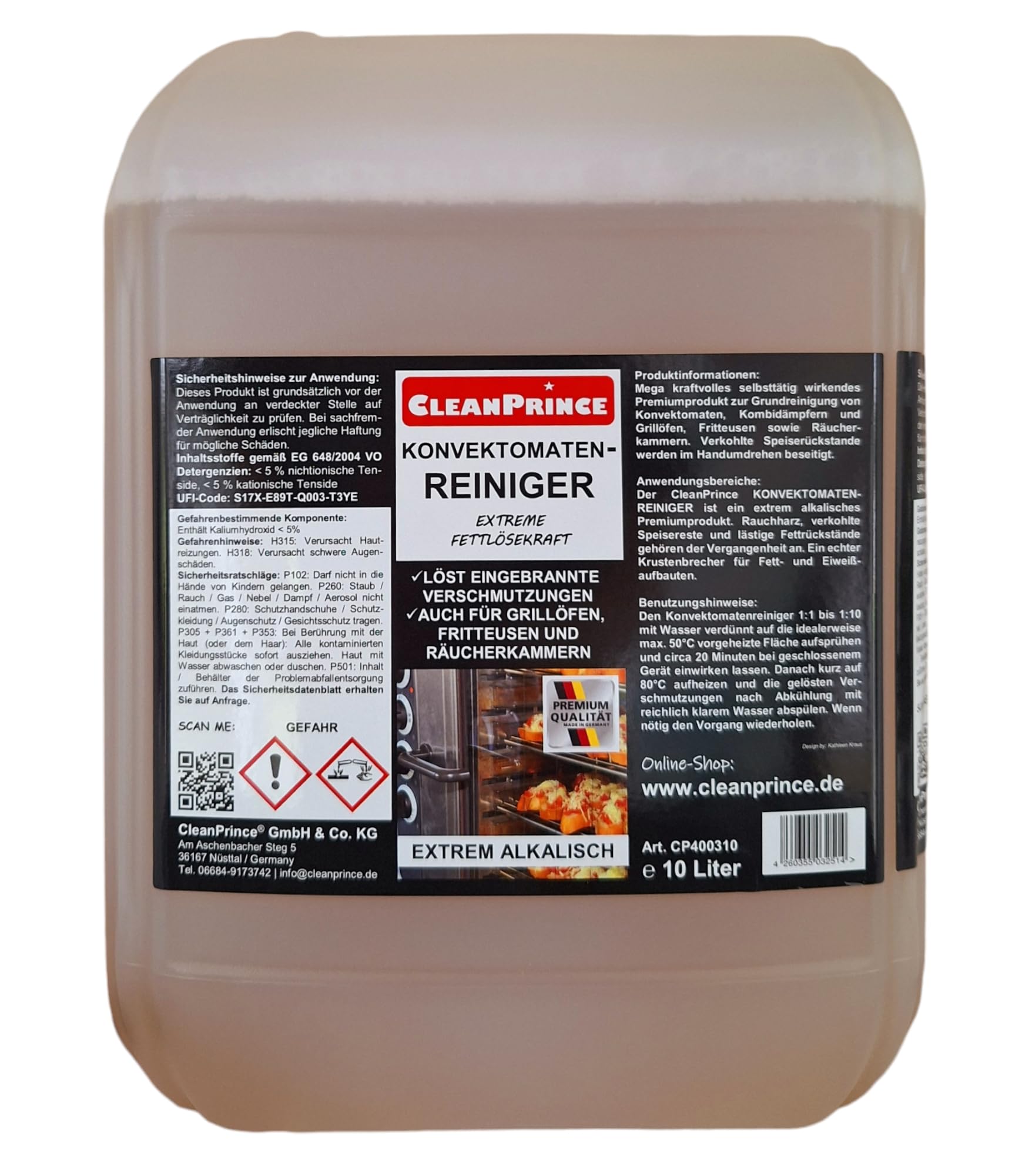 CleanPrince środek do czyszczenia konwektomatów, środek do czyszczenia konwektów, środek czyszczący, usuwa tłuszcz, przypaloną żywność, żywicę dymną, resztki cukru, pozostałości białka, oczyszczanie energii, do kuchni, gastronomii, do parowarów, do parowa