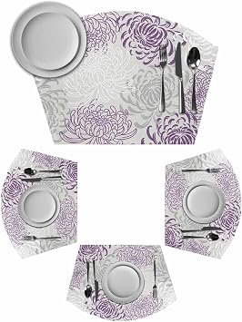 Purple White Round Table Placemats Set of 6 Wedge Placemats, Abstract Grey Chrysanthemum Flower Floral Place Mats for Dining Table Set Washable Mats Kitchen Decor for Indoor Outdoor Wipe Clean