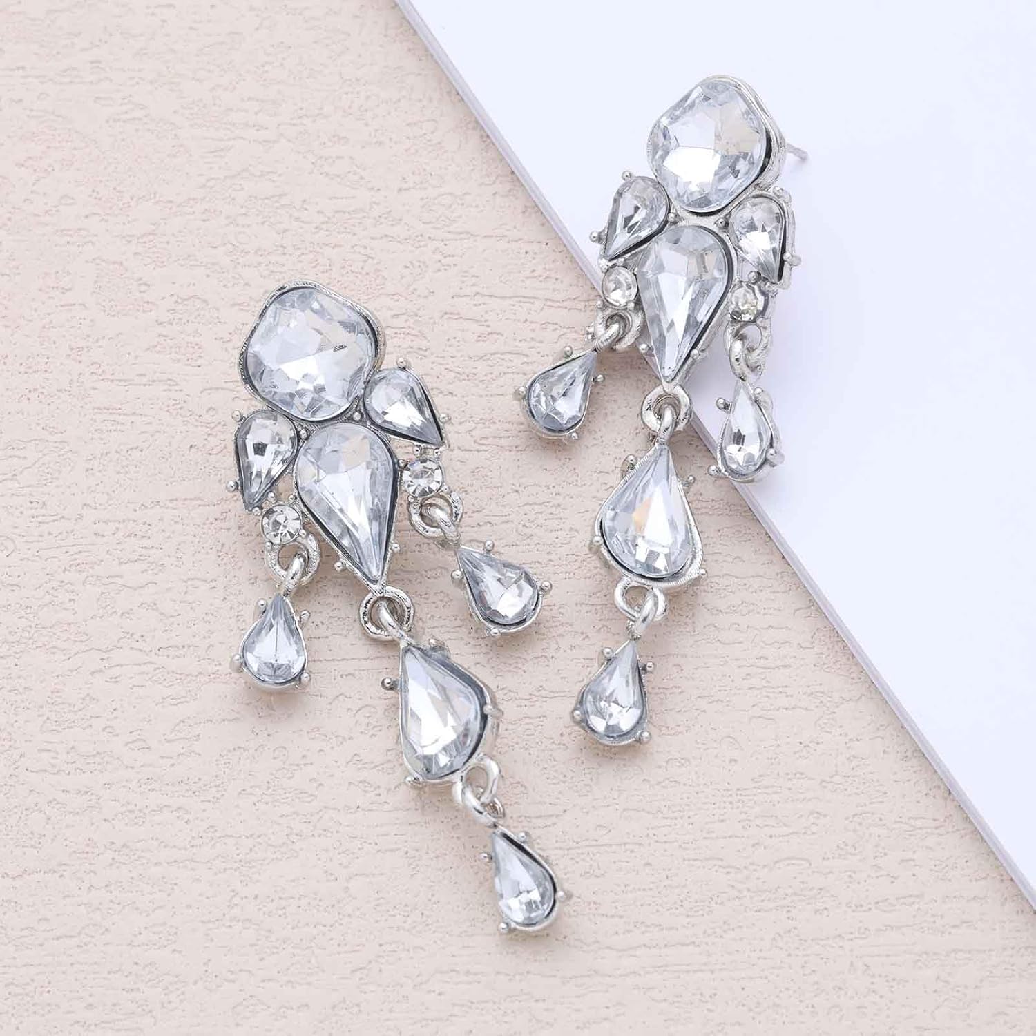 Silver CZ Teardrop Drop Earrings Vintage Sparkly Crystal Tassel Earrings Silver Waterdrop Dangle Earring Wedding Chandelier Rhinestone Studs Earring Jewelry for Women - Image 3