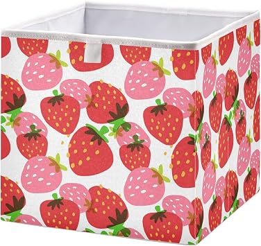 Blueangle Beautiful Strawberry Cube Storage Bin, 11 x 11 x 11 in, Large Collapsible Organizer Storage Basket for Home Decor